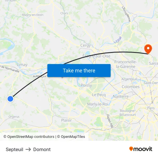 Septeuil to Domont map