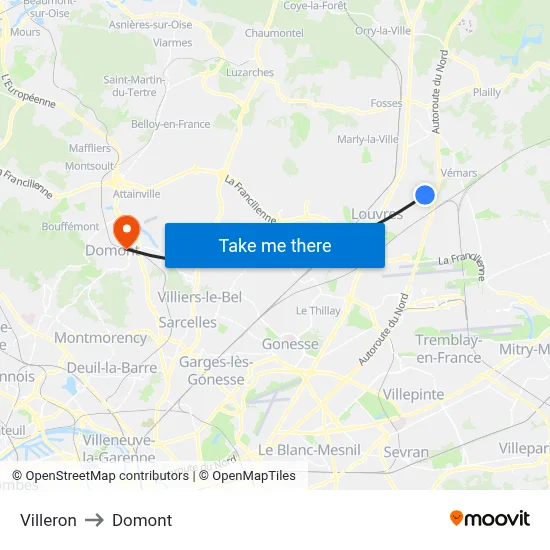 Villeron to Domont map