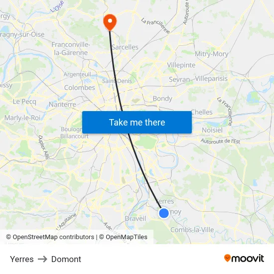 Yerres to Domont map