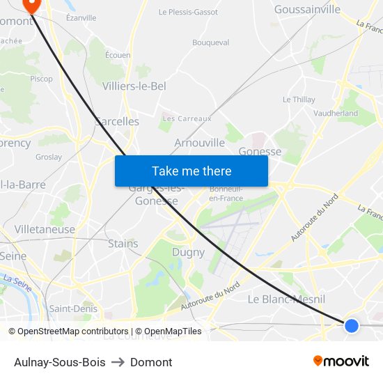 Aulnay-Sous-Bois to Domont map