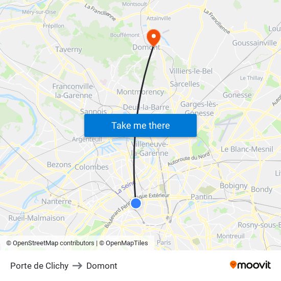 Porte de Clichy to Domont map