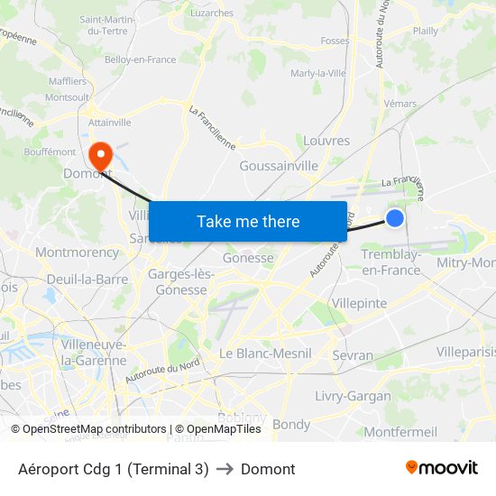 Aéroport Cdg 1 (Terminal 3) to Domont map