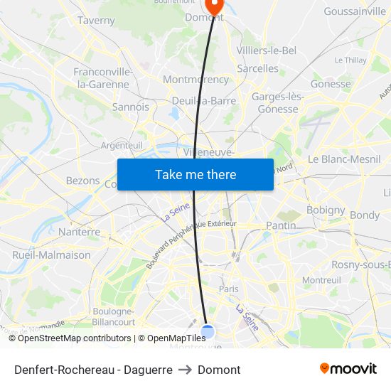 Denfert-Rochereau - Daguerre to Domont map