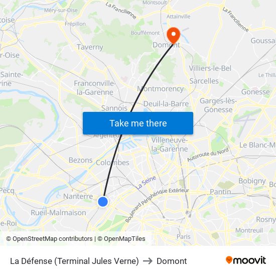 La Défense (Terminal Jules Verne) to Domont map