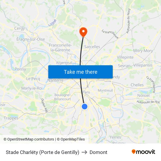 Stade Charléty (Porte de Gentilly) to Domont map