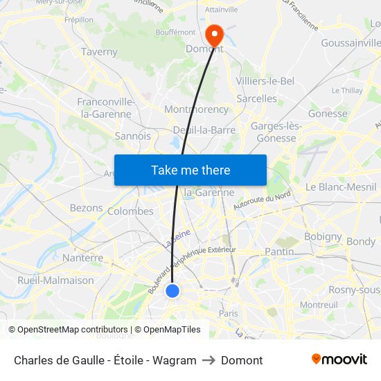 Charles de Gaulle - Étoile - Wagram to Domont map
