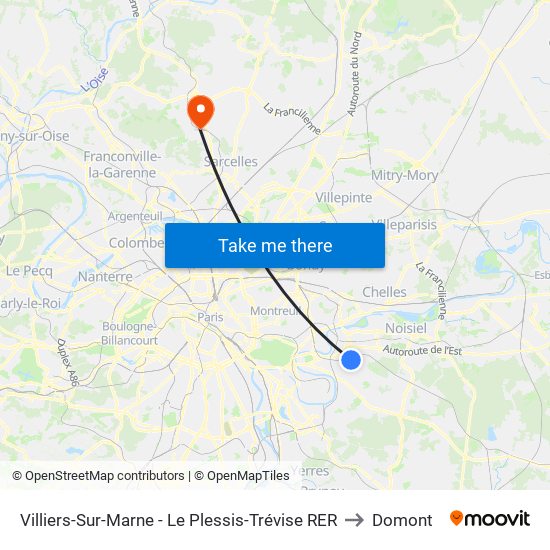 Villiers-Sur-Marne - Le Plessis-Trévise RER to Domont map