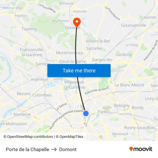 Porte de la Chapelle to Domont map