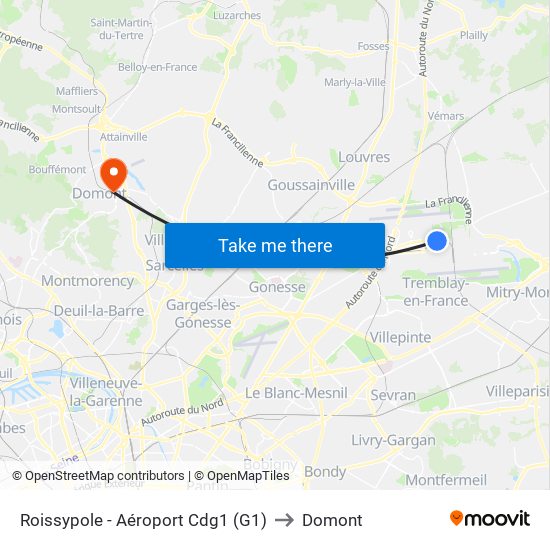 Roissypole - Aéroport Cdg1 (G1) to Domont map
