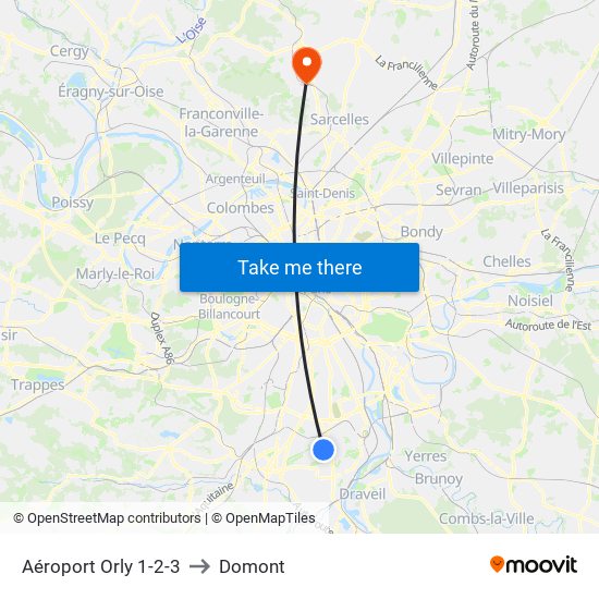 Aéroport Orly 1-2-3 to Domont map