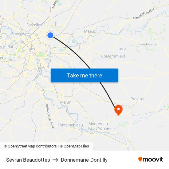 Sevran Beaudottes to Donnemarie-Dontilly map