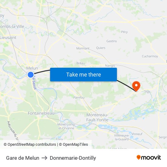 Gare de Melun to Donnemarie-Dontilly map
