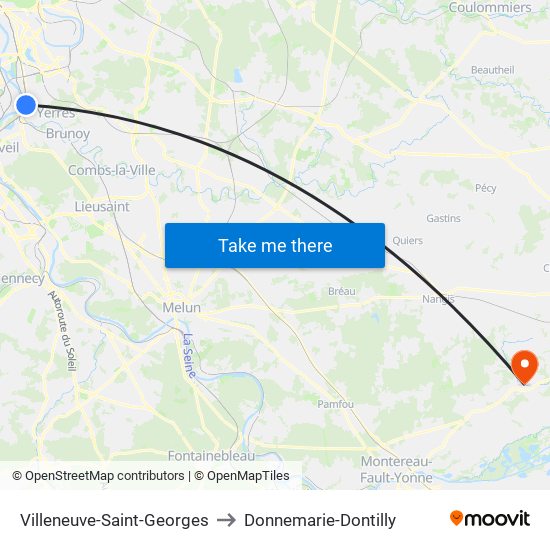 Villeneuve-Saint-Georges to Donnemarie-Dontilly map