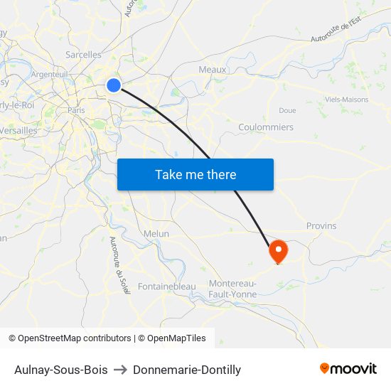 Aulnay-Sous-Bois to Donnemarie-Dontilly map
