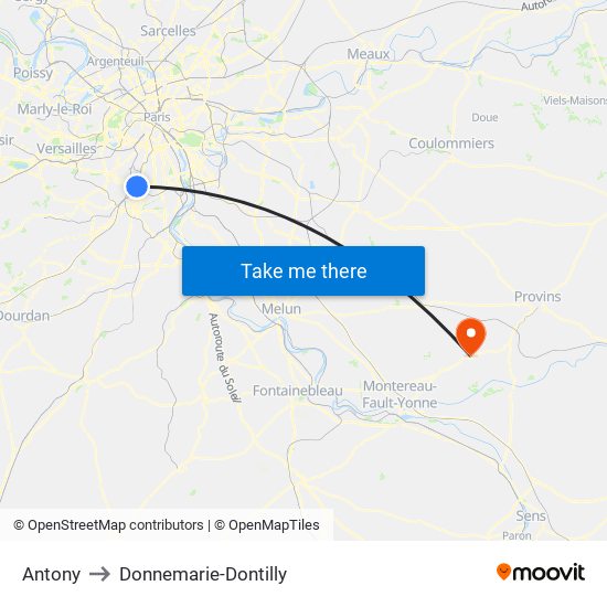 Antony to Donnemarie-Dontilly map