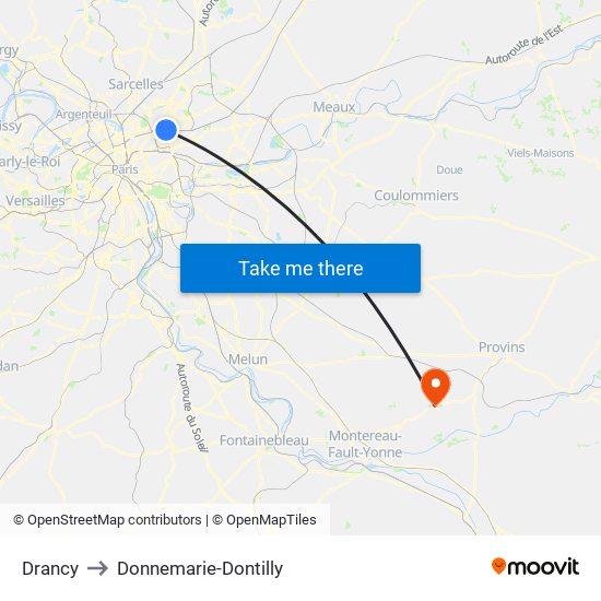 Drancy to Donnemarie-Dontilly map