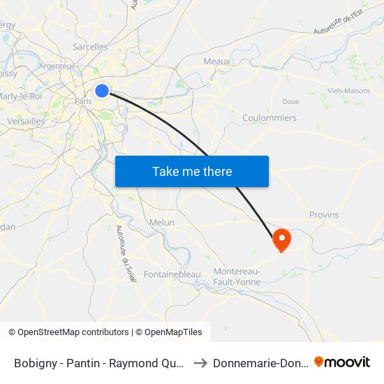 Bobigny - Pantin - Raymond Queneau to Donnemarie-Dontilly map