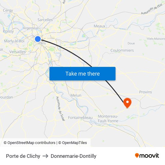 Porte de Clichy to Donnemarie-Dontilly map