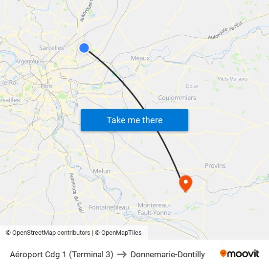 Aéroport Cdg 1 (Terminal 3) to Donnemarie-Dontilly map