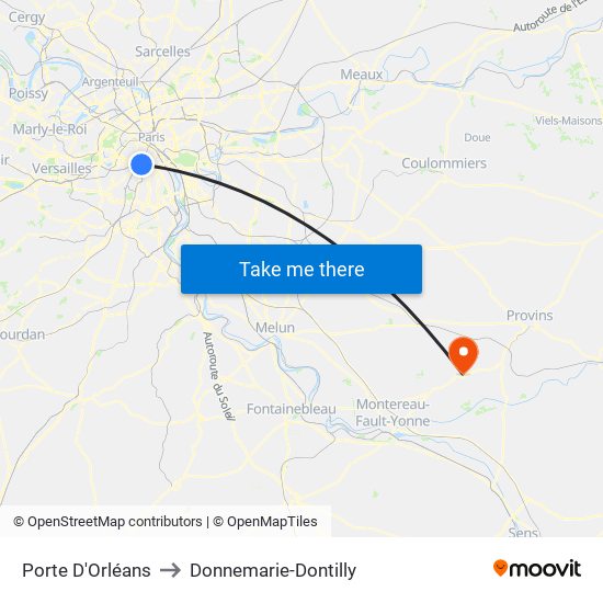 Porte D'Orléans to Donnemarie-Dontilly map