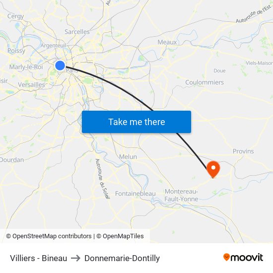 Villiers - Bineau to Donnemarie-Dontilly map