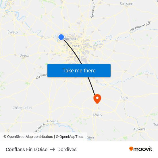 Conflans Fin D'Oise to Dordives map