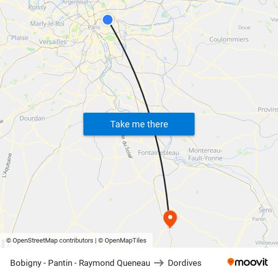 Bobigny - Pantin - Raymond Queneau to Dordives map