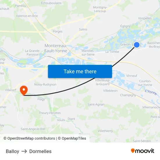 Balloy to Dormelles map