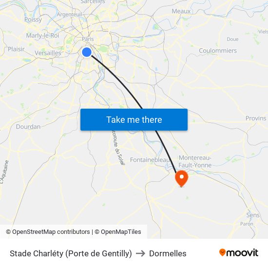 Stade Charléty (Porte de Gentilly) to Dormelles map