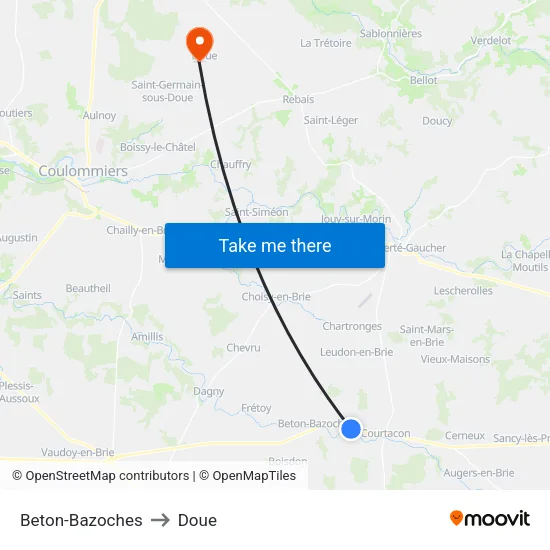 Beton-Bazoches to Doue map
