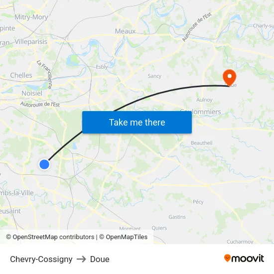 Chevry-Cossigny to Doue map