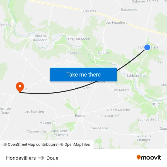 Hondevilliers to Doue map