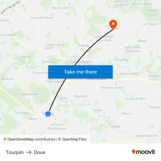 Touquin to Doue map