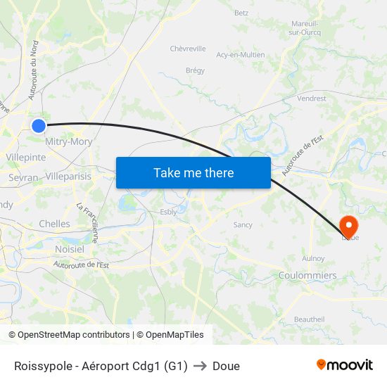 Roissypole - Aéroport Cdg1 (G1) to Doue map