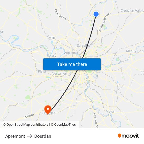 Apremont to Dourdan map