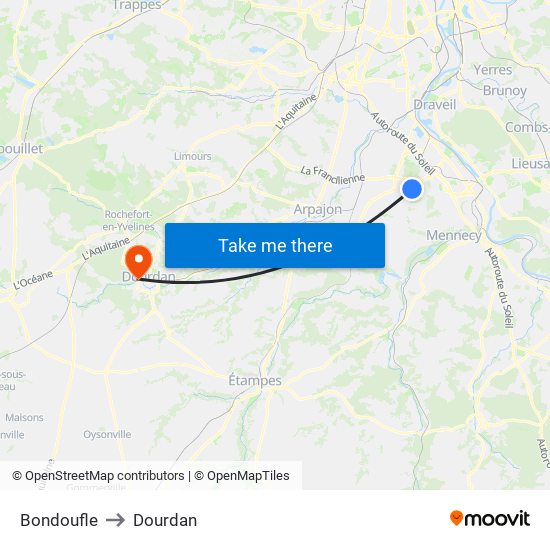 Bondoufle to Dourdan map