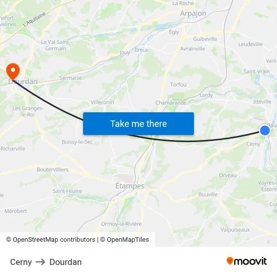 Cerny to Dourdan map