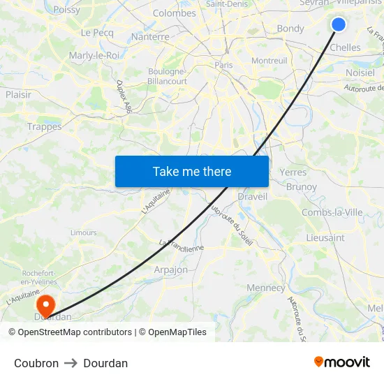 Coubron to Dourdan map