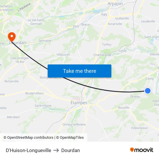 D'Huison-Longueville to Dourdan map