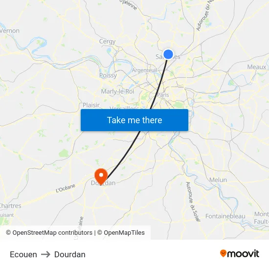 Ecouen to Dourdan map