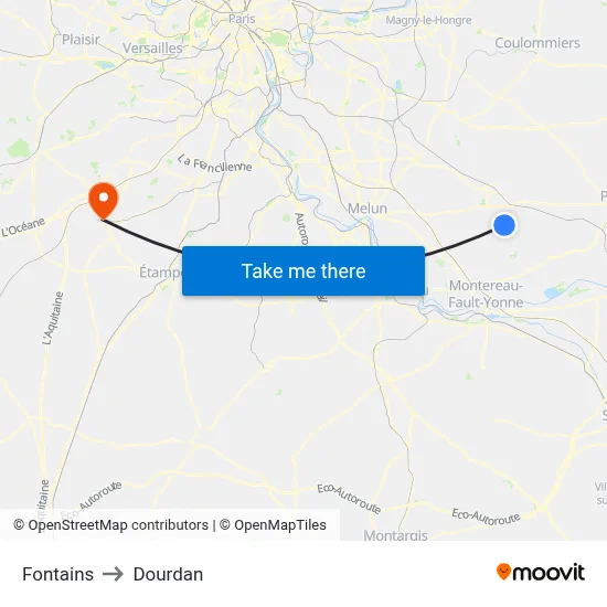 Fontains to Dourdan map