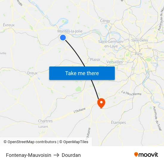 Fontenay-Mauvoisin to Dourdan map