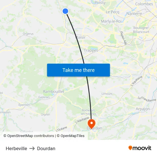 Herbeville to Dourdan map