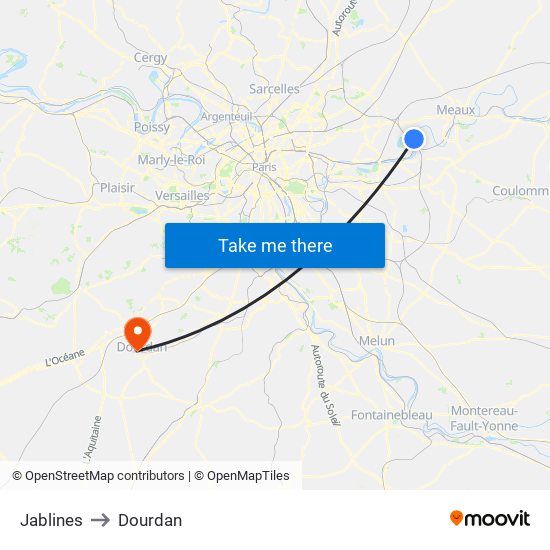 Jablines to Dourdan map