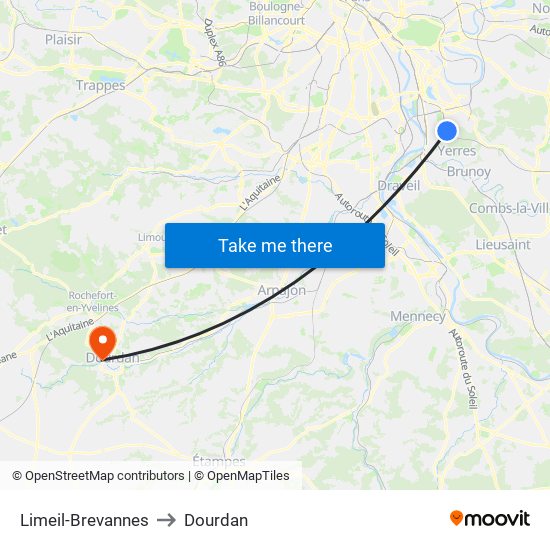 Limeil-Brevannes to Dourdan map