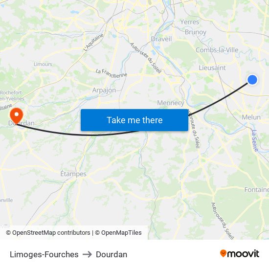 Limoges-Fourches to Dourdan map