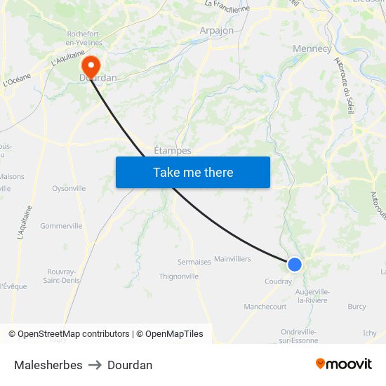 Malesherbes to Dourdan map