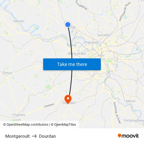 Montgeroult to Dourdan map