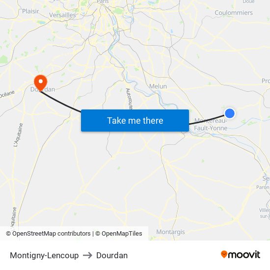 Montigny-Lencoup to Dourdan map