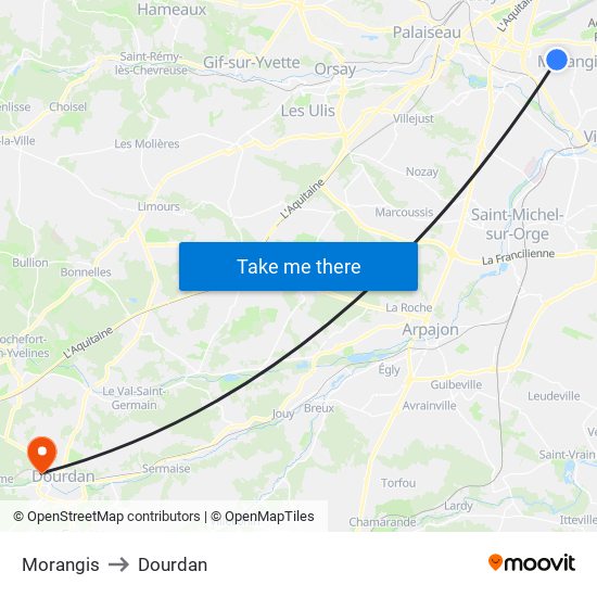 Morangis to Dourdan map